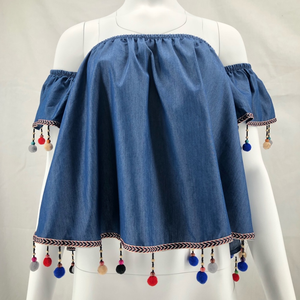 Mikey and Joey Pom Pom fringe off the shoulder top